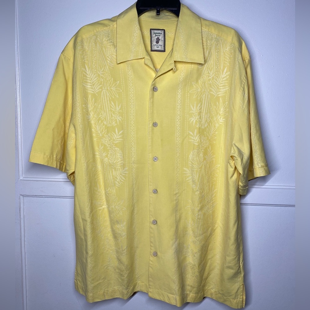Jamaica Jaxx Mens Size L Silk Button Down Hawaiian Short Sleeve Shirt Yellow